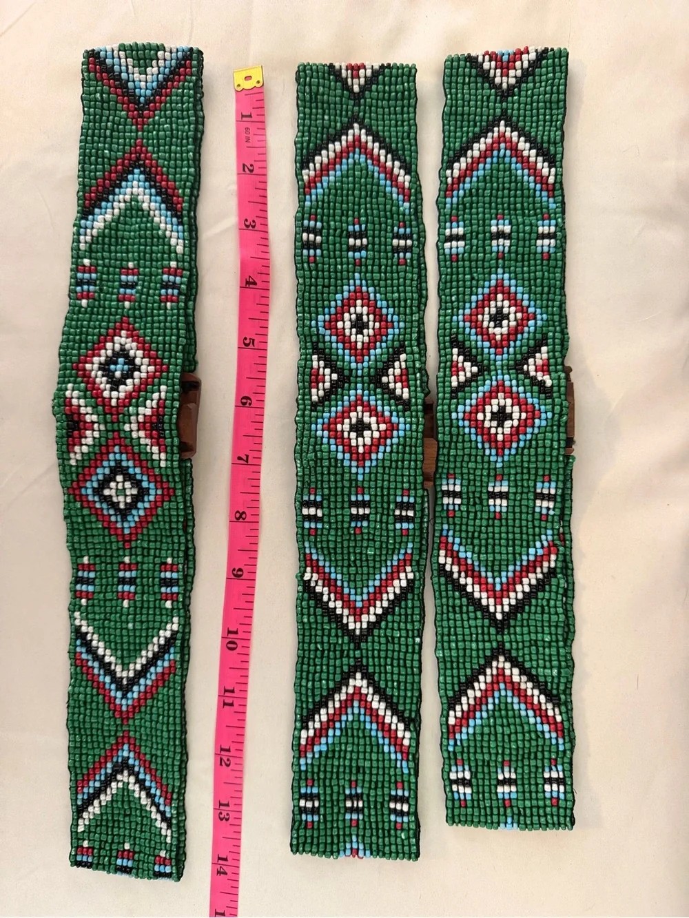 Handcrafted Green Beaded Stretch Waist Belt w/Wooden Hook Buckle. Various Sizes
